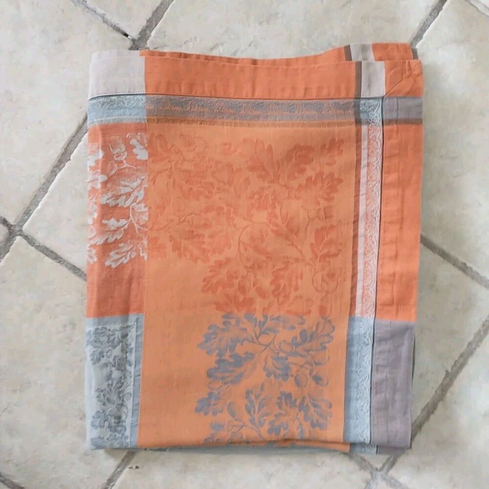 Williams Sonoma Tablecloth Gray Orange Floral Jacquard Linen Blend Rectang 70x90